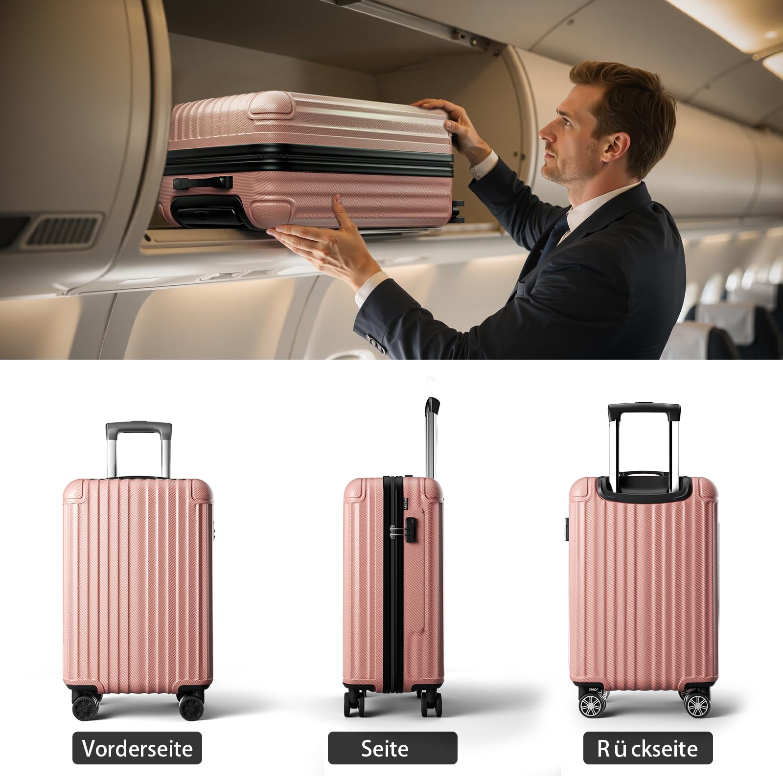Voyager Handgepäck Koffer 55x35x23cm, Hartschalen Koffer & Trolleys klein, leicht Reisekoffer mit 4 Rollen, Zahlenschloss, Rosenrosa