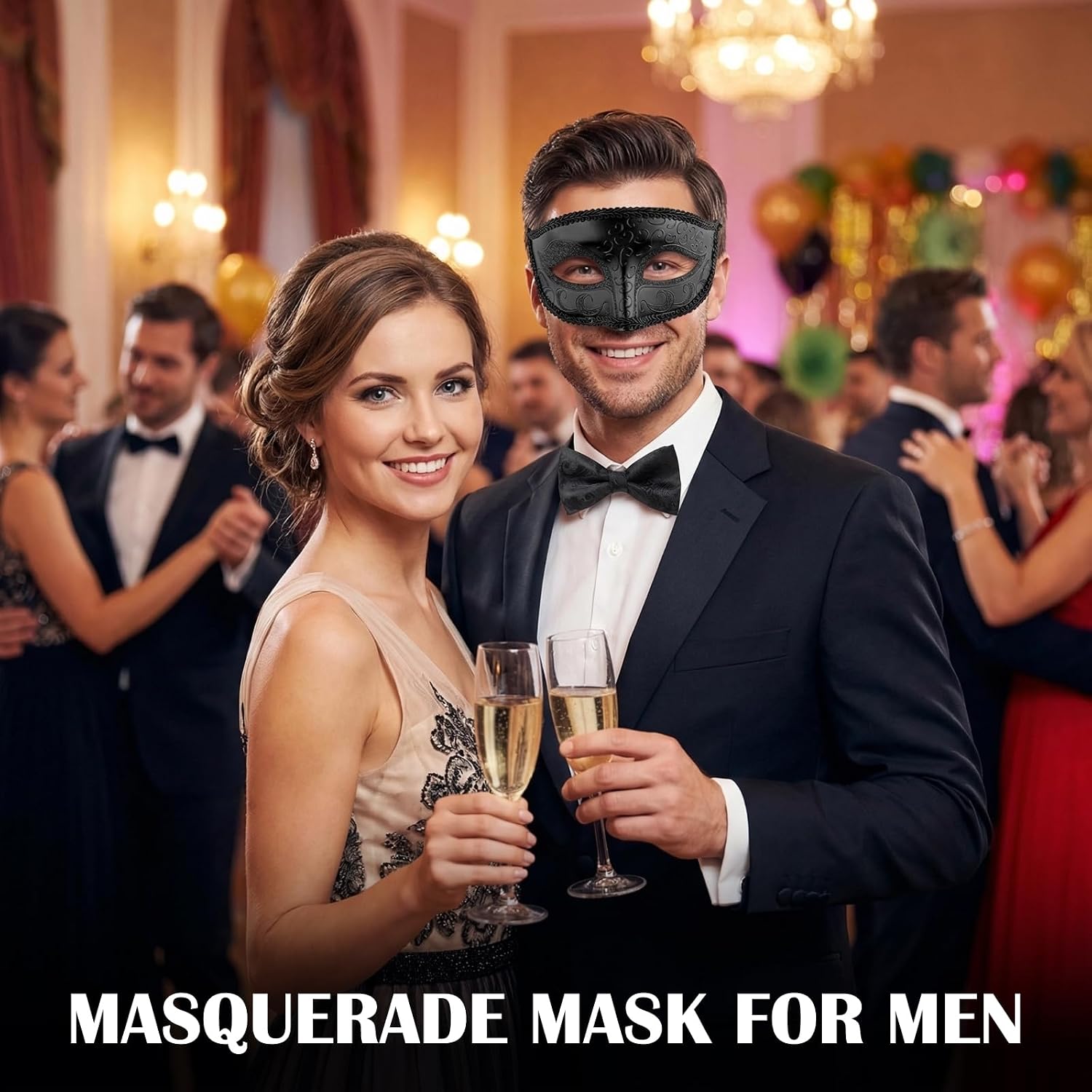 HyperFun Masquerade Mask for Men with Bow Tie Venetian Mens Masquerade Mask for Halloween Mardi Gras Prom Ball Party