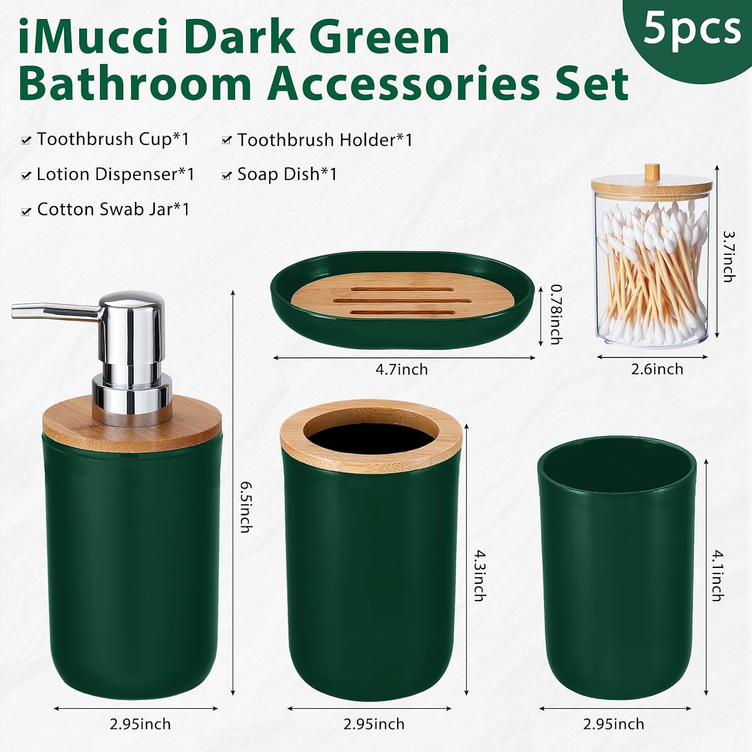 iMucci Bathroom Accessories Set 5Piece Hunter Green Bathroom Sets, Toothbrush Holder, Toothbrush Cup, Lotion Soap Dispenser, Soap Dish and Qtip Holder Bathroom Decor
