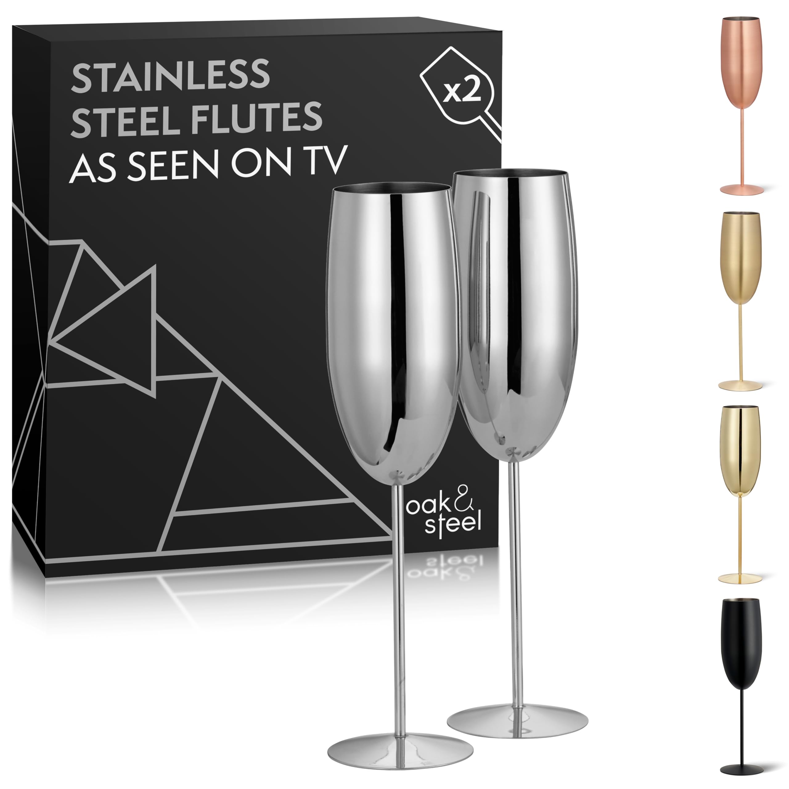 OS Oak & Steel ENGLAND 2 Silver Champagne Flutes (280ml) - Stainless Silver Prosecco Glasses, Unbreakable Metal Drinking Glasses with Gift Box