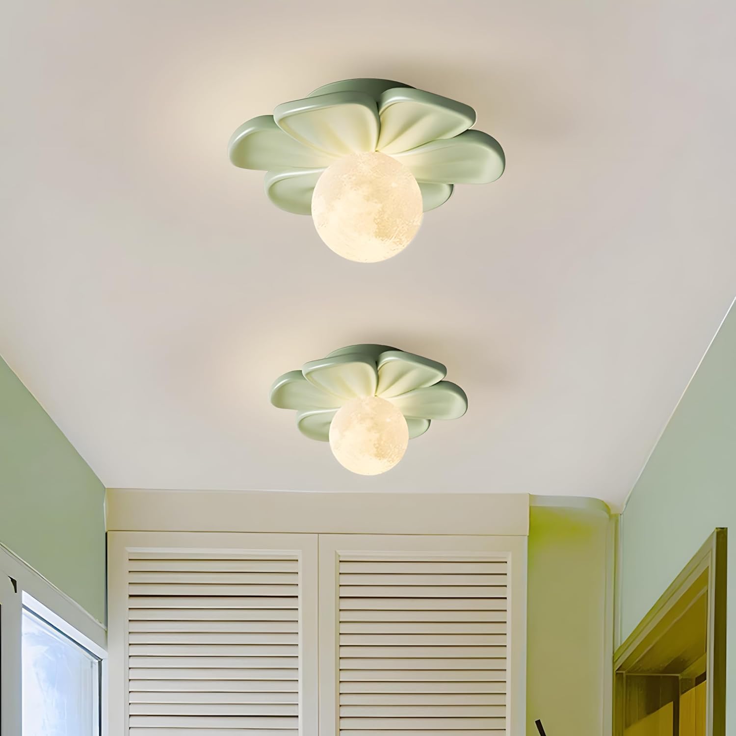 Bofea-Green Semi Flush Mount Ceiling Light,Modern Hallway Lights Fixture Ceiling with Resin Green Flower, Bulb Included, 3D Moon Lights for Kitchen Island Bedroom Living Room Porch Corridor.