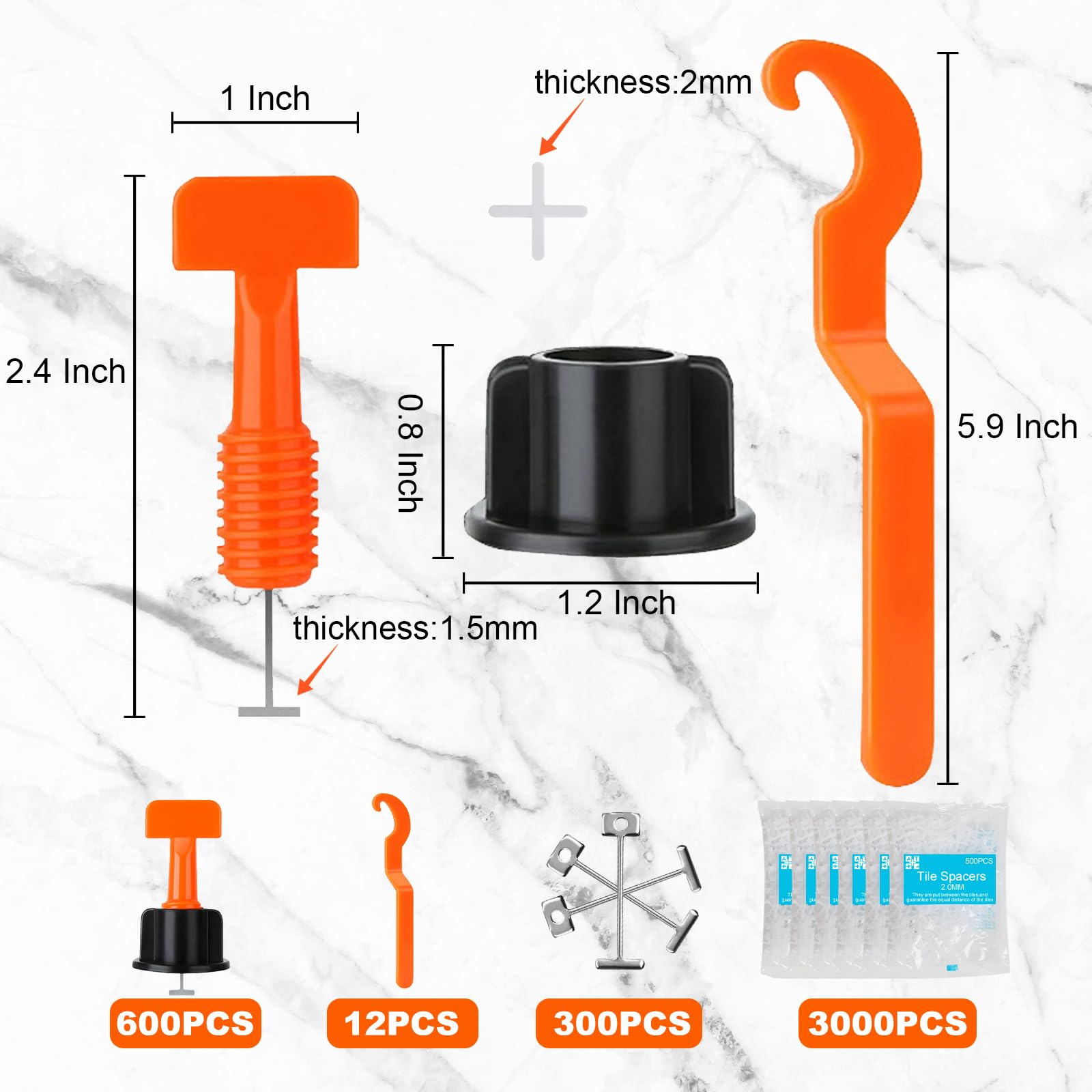 Storystore Kit di livellamento per piastrelle, 600 livellatori da 1/16", 3000 clip distanziali e 300 cunei in acciaio e 12 chiavi, sistema di livellamento riutilizzabili per installazione di pareti e
