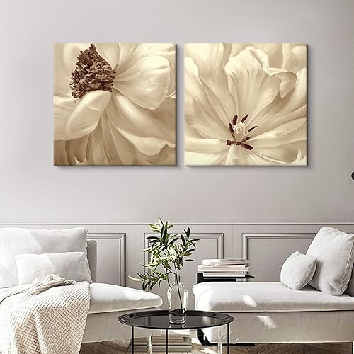 Miniatura 5 de SEVEN WALL ARTS Lienzo decorativo para pared, 2 piezas de cuadros florales beige neutros, elegantes flores para sala de estar, dormitorio, oficina,