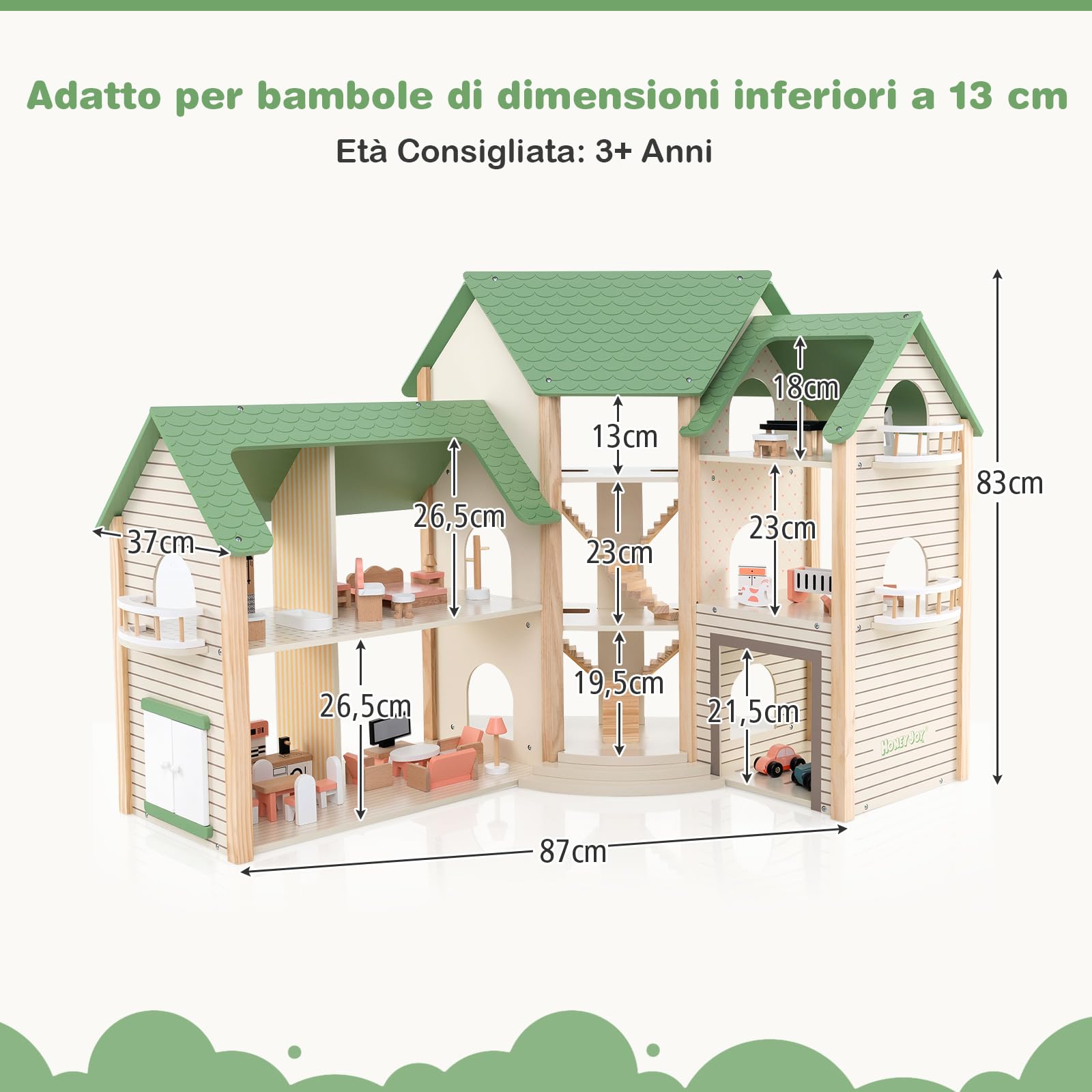 COSTWAY Casa delle Bambole ad Angolo in Legno, Casetta delle Bambole a 3 Piani con 36 Mobili e Accessori, 6 Stanze, Balconi e Garage, Giocattolo per bambini 3+ Anni, 87 x 37 x 83 cm