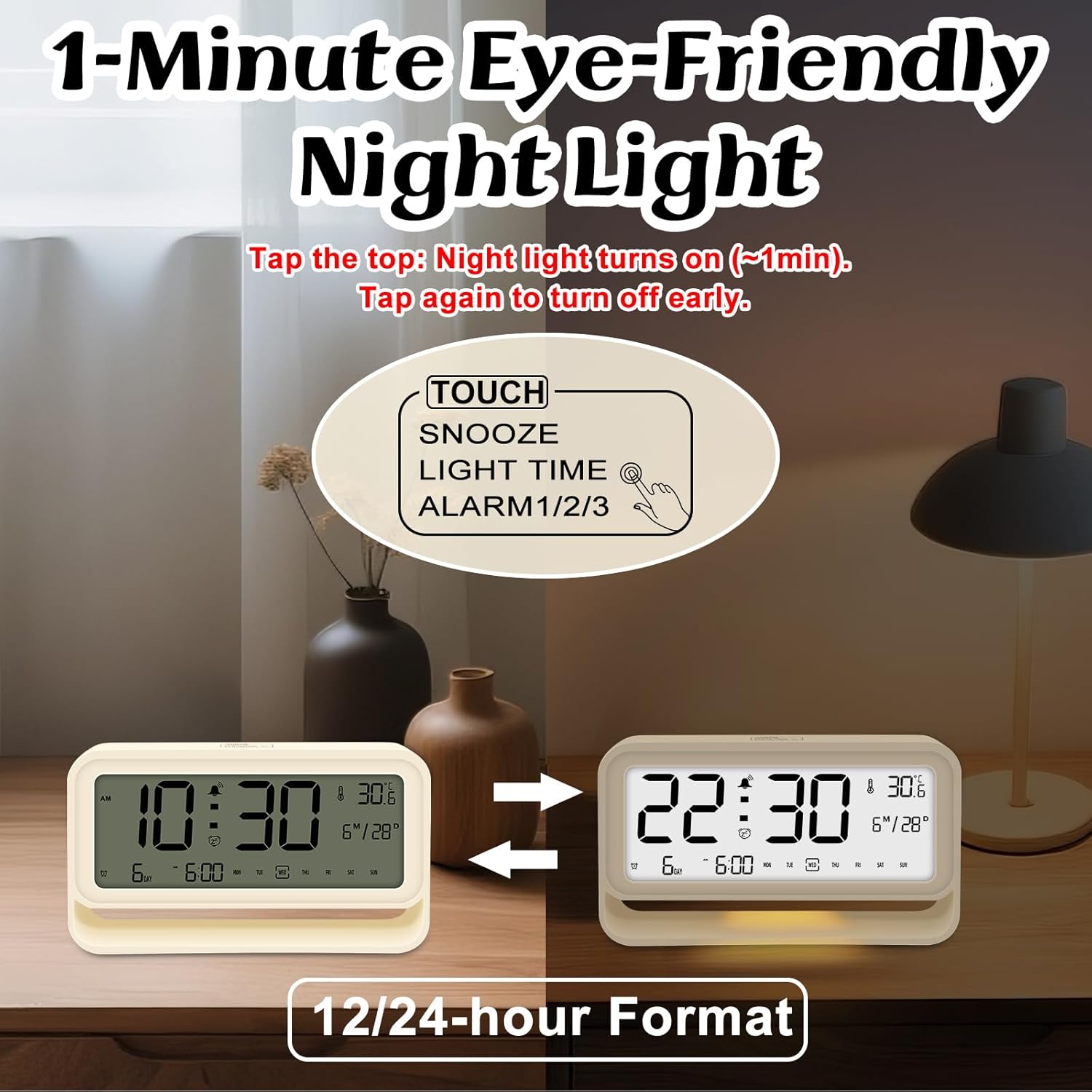 The Ayybboo Digital Alarm Clock with its night light activated, showing a clear display in a dim room, and instructions to tap the top for 1-minute light.