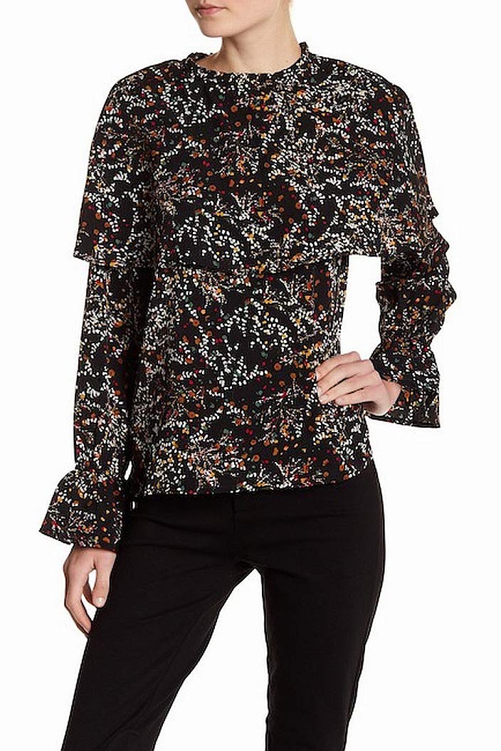 Lucca CoutureWomen's Aliyah Floral Print Flutter Cape Blouse, Black Potpourri, M