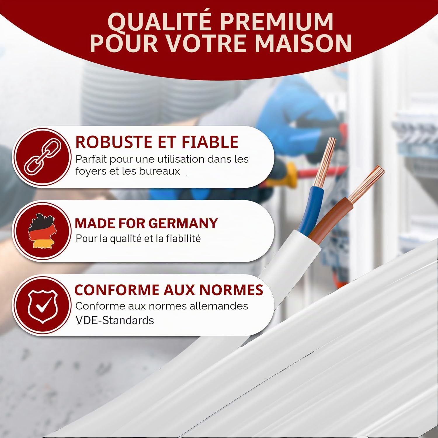 MAS Premium Câble en plastique souple H05VV-F 2 x 0,75 - 2 x 1, 2 x 1,5 ou 2 x 2,5 - Blanc - De 5 à 100 m - (H05VV-F 2 x 0,75 WS, 20 m)