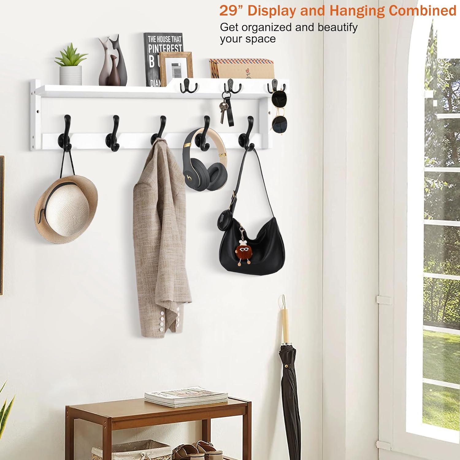 29'' Coat Rack Wall Mount with Shelf, Coat Hanger Wall Mount with Key Hooks and Mail Holder, Wood Entryway Floating Shelf with Hooks and Storage, Hat Rack for Wall Key Holder Mail Organizer