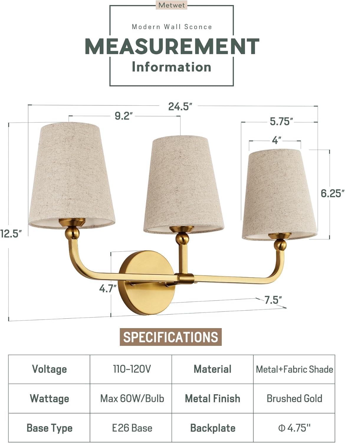3-Light Bathroom Light Fixtures, Brushed Gold Vanity Lights with Brown Fabric Shade, Modern Sconces Wall Lighting for Hallway Bedroom, Upward Lighting, VL837-BG-L-3