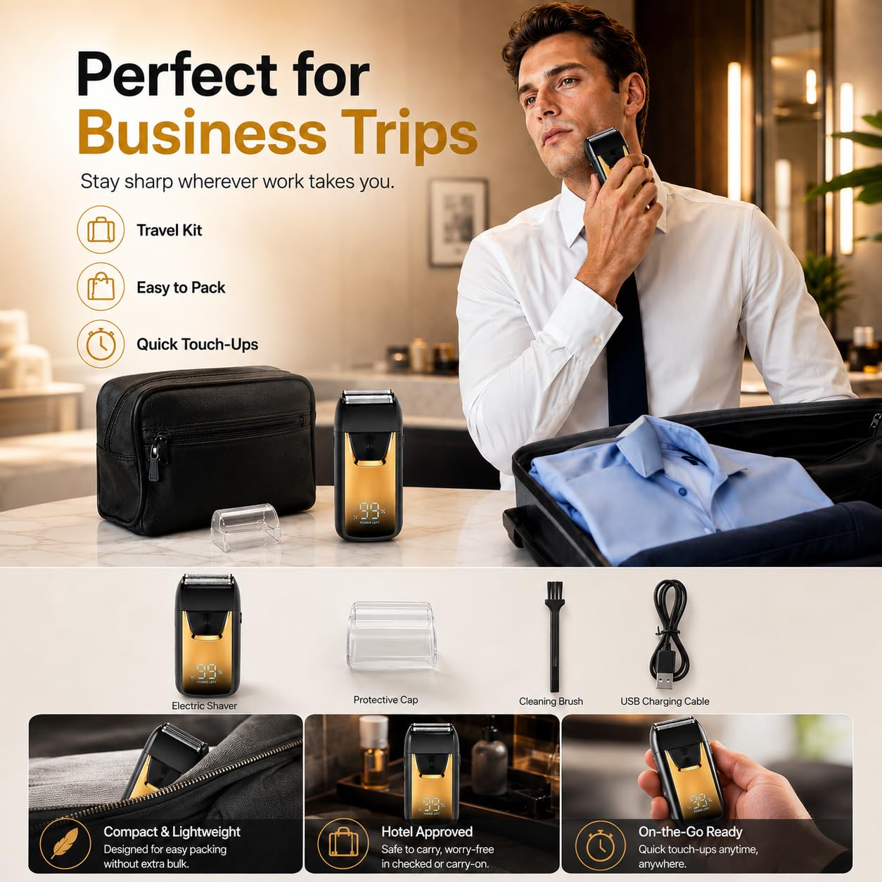 Mini Rasoio Elettrico Portatile con Display LED, Rasoio USB Ricaricabile per Uomo, Rasatura Wet & Dry, Rasoio da Viaggio Compatto, Regolabarba a Lamina (Gold)