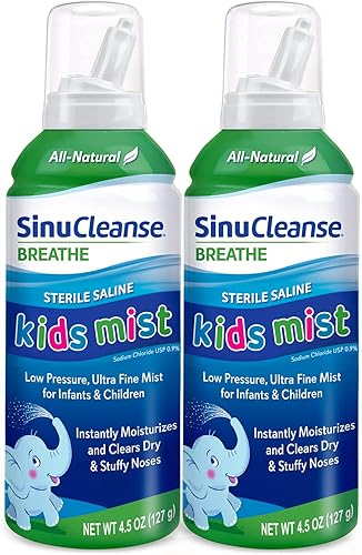 SinuCleanse Sterile Saline Kids Mist hidrata y alivia instantáneamente la congestión nasal seguro para recién nacidos y más botella de 45 onzas