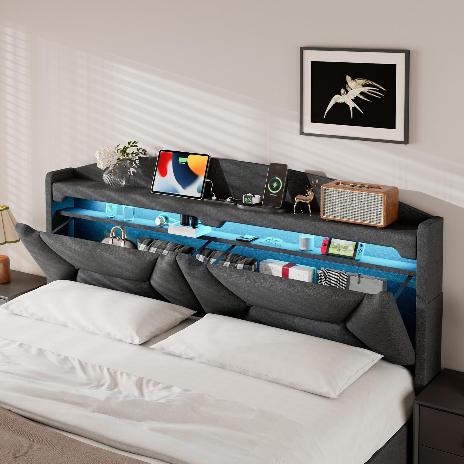 Polsterbett Doppelbett 180x200 cm mit LED, USB C, Hydraulische Bett mit Stauraum und Kopfteil, Stauraumbett Bettgestell mit Metallrahmen Bettkasten und Lattenrost, Leinen, Grau, Ohne Matratze