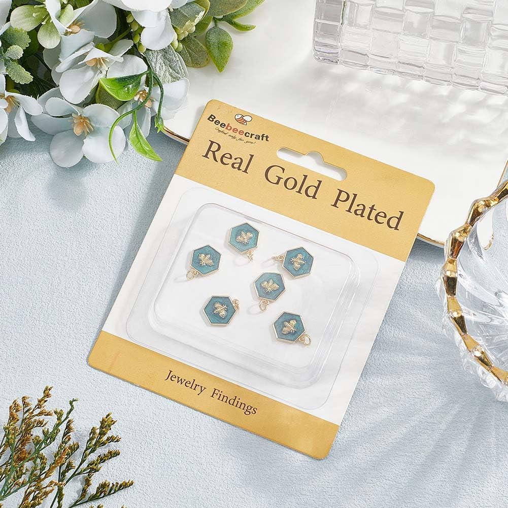 Beebeecraft 6Pcs Enamel Bee Charms 18K Gold Plated 14x14.5mm Hexagon Green Honeybee Charms with Jump Ring for Jewelry Making Necklace Bracelet DIY Crafts - Image 6