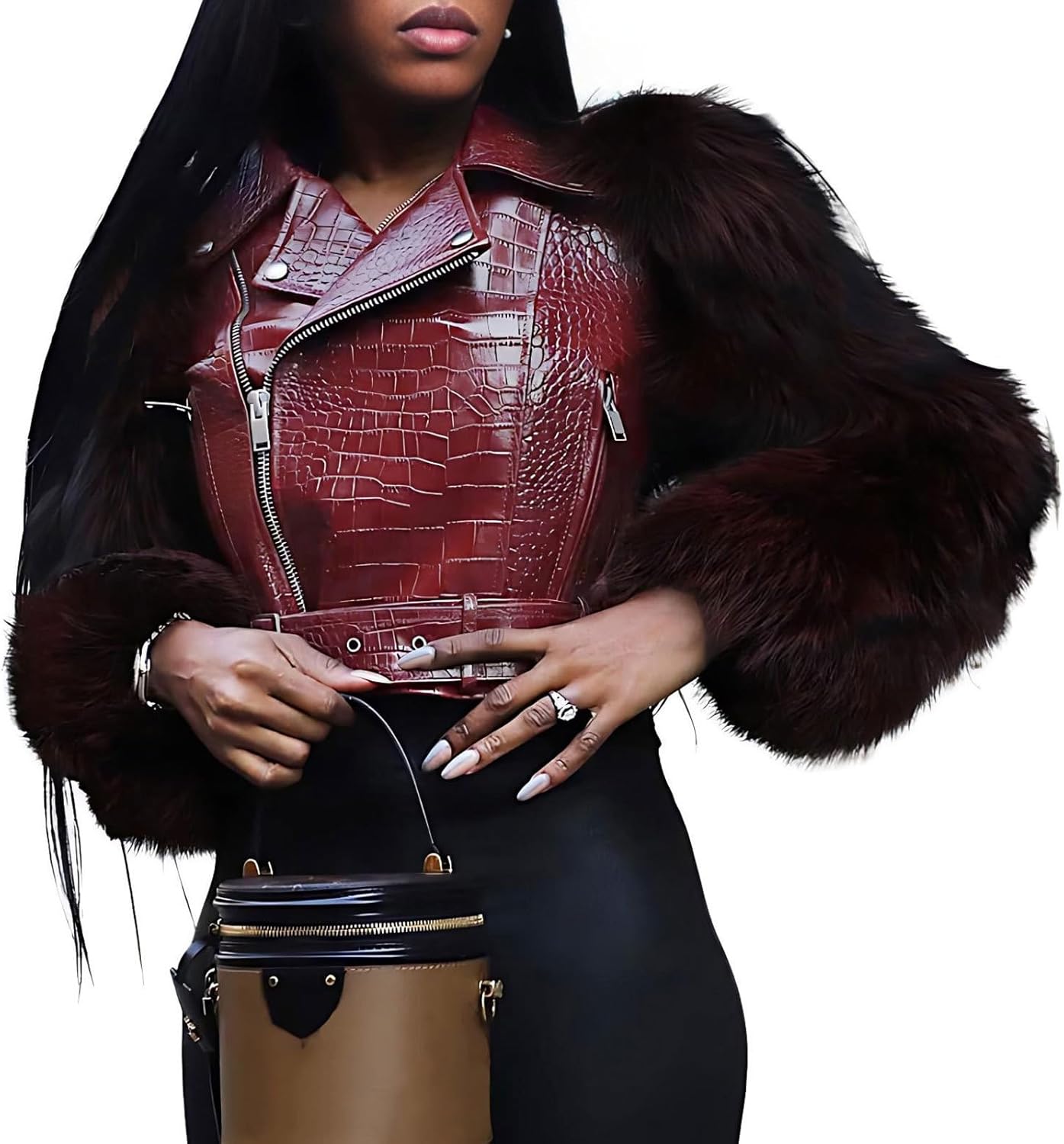 Akmipoem Leather Jacket Women Cropped PU Moto Coat Faux Fur Sleeve Short Biker Jackets Fall Winter Streetwear with Belt