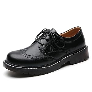 XMM Oxford Shoes for Women Womens Oxford Shoe Lace-Up Round Toe Leather Flat Classic Non-Slip Work Business Dress