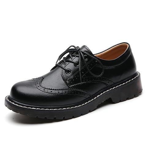 XMM Oxford Shoes for Women Womens Oxford Shoe Lace-Up Round Toe Leather Flat Classic Non-Slip Work Business Dress