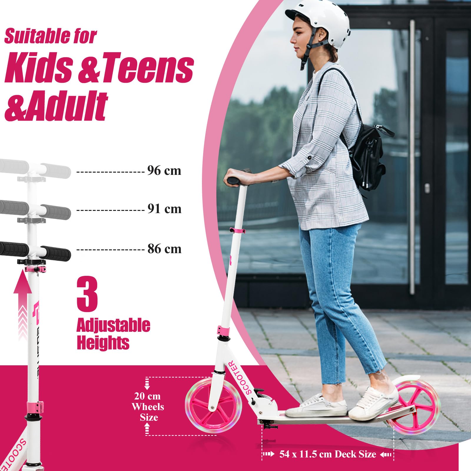 KOMFOTTEU Monopattino Pieghevole per Bambini e Adulti Fino a 110kg, Manopattino a 2 Ruote Luminose con Freno, Scooter per Bambini con Manubrio Regolabile e Cinghia di Trasporto