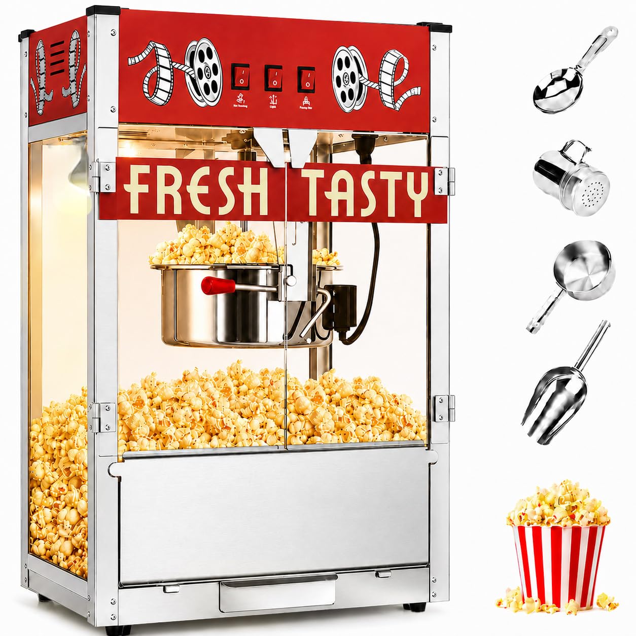 32 Oz Commercial Popcorn Machine, Large Popcorn Maker Machine, Movie Theater Countertop Pop Corn Machine with 3-Switch Control &amp; Tempered Glass Doors, Red