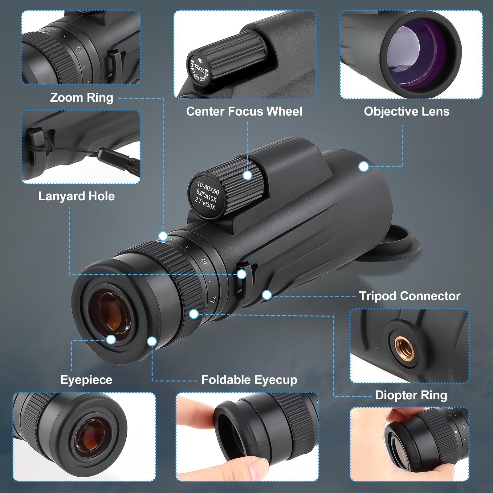Telescopio monoculare compatto a prisma multistrato, 10-30 x 50, ottica monoculare impermeabile ad alta potenza con adattatore per smartphone, treppiedi per adulti, bird watching,