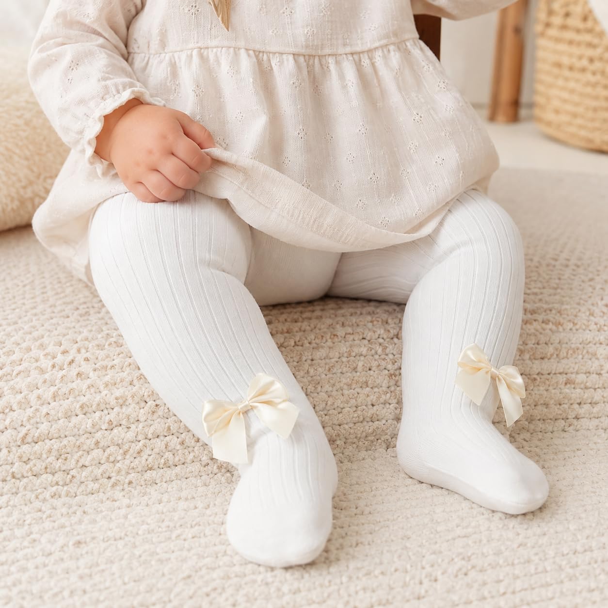 3 Pack Baby Girls Tights with Bow, Soft Non-Slip Pink Kids Stretchy Warm Tights for Infant Toddler Ages 6-12 Months