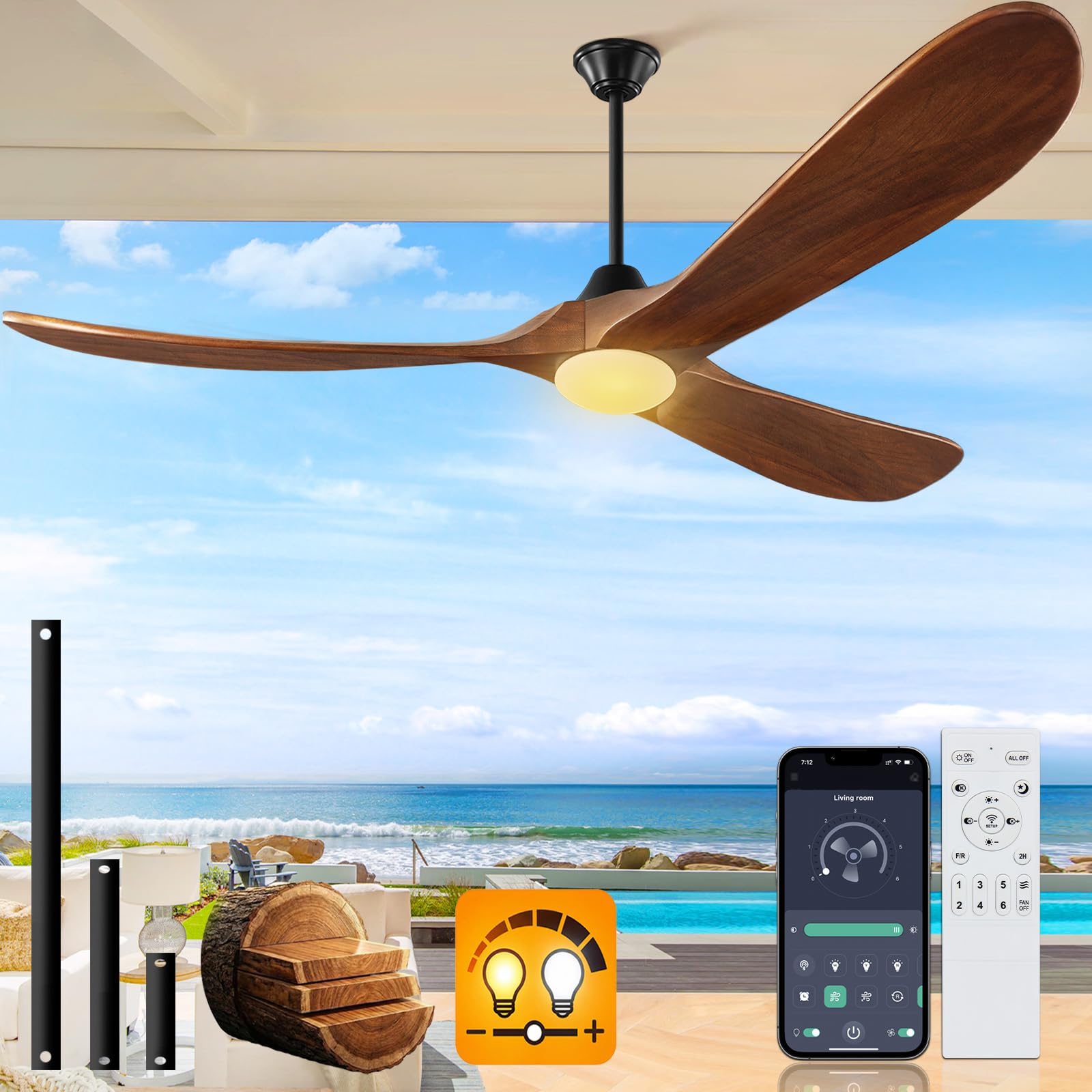 60 inch Outdoor Ceiling Fan with Light-Glass Lamp, 3 blade Wood Propeller Ceiling Fans with Lights and Remote Control for Patios, Exterior Damp Rated High CFM Ceiling Fans Modern Smart APP