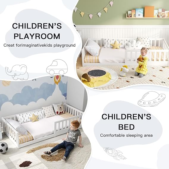 labebe Kinder-Bodenbett 90 x 200 weißes Massivholz-Montessori-Bett mit Sicherheitsgeländer und Lattenrost (Matratze Nicht im Lieferumfang enthalten) Geeignet für Kinder und Babys