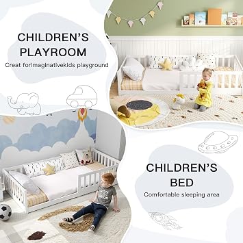 labebe Kinder-Bodenbett 90 x 200 weißes Massivholz-Montessori-Bett mit Sicherheitsgeländer und Lattenrost (Matratze Nicht im Lieferumfang enthalten) Geeignet für Kinder und Babys