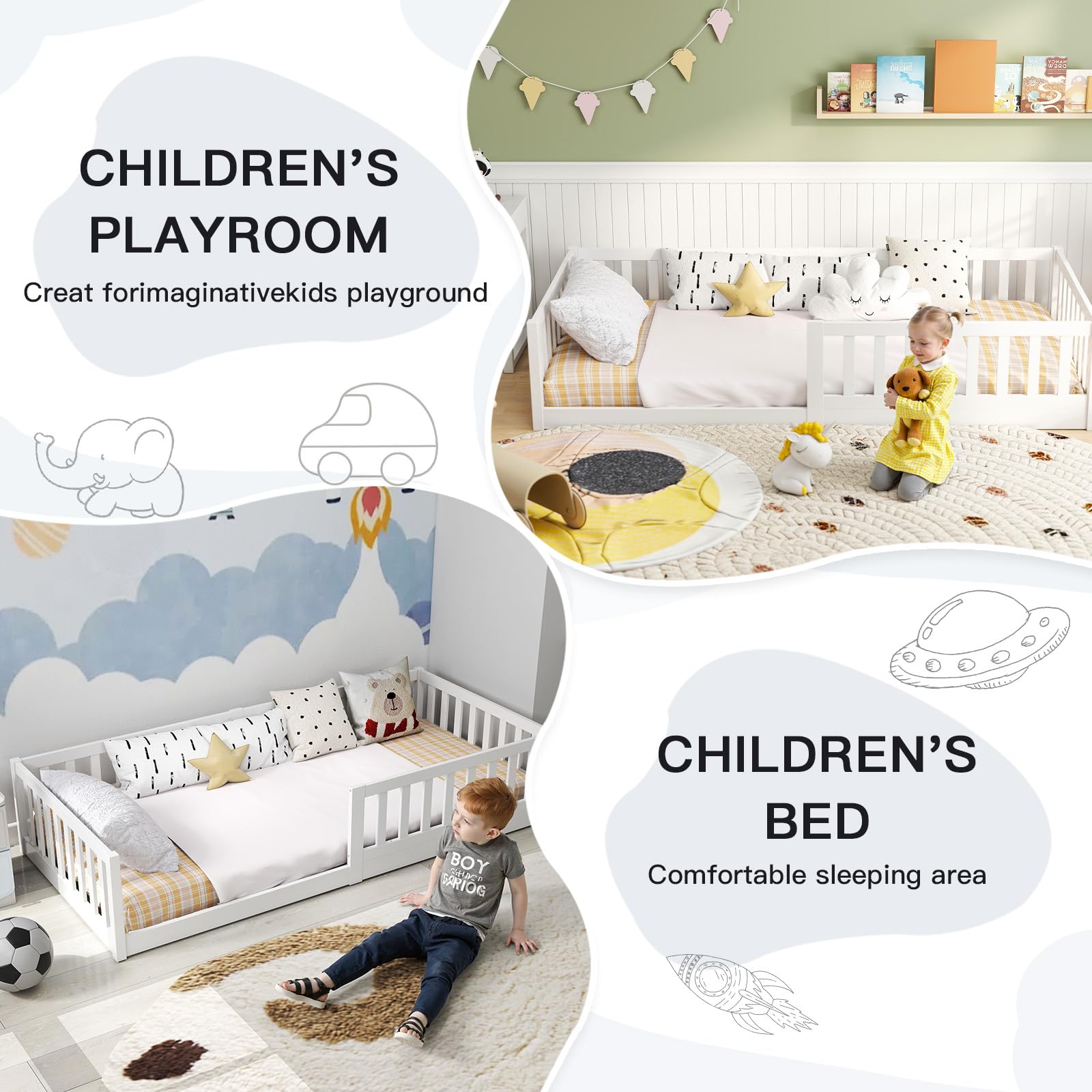 labebe Kinder-Bodenbett 90 x 200, weißes Massivholz-Montessori-Bett mit Sicherheitsgeländer und Lattenrost (Matratze Nicht im Lieferumfang enthalten) Geeignet für Kinder und Babys