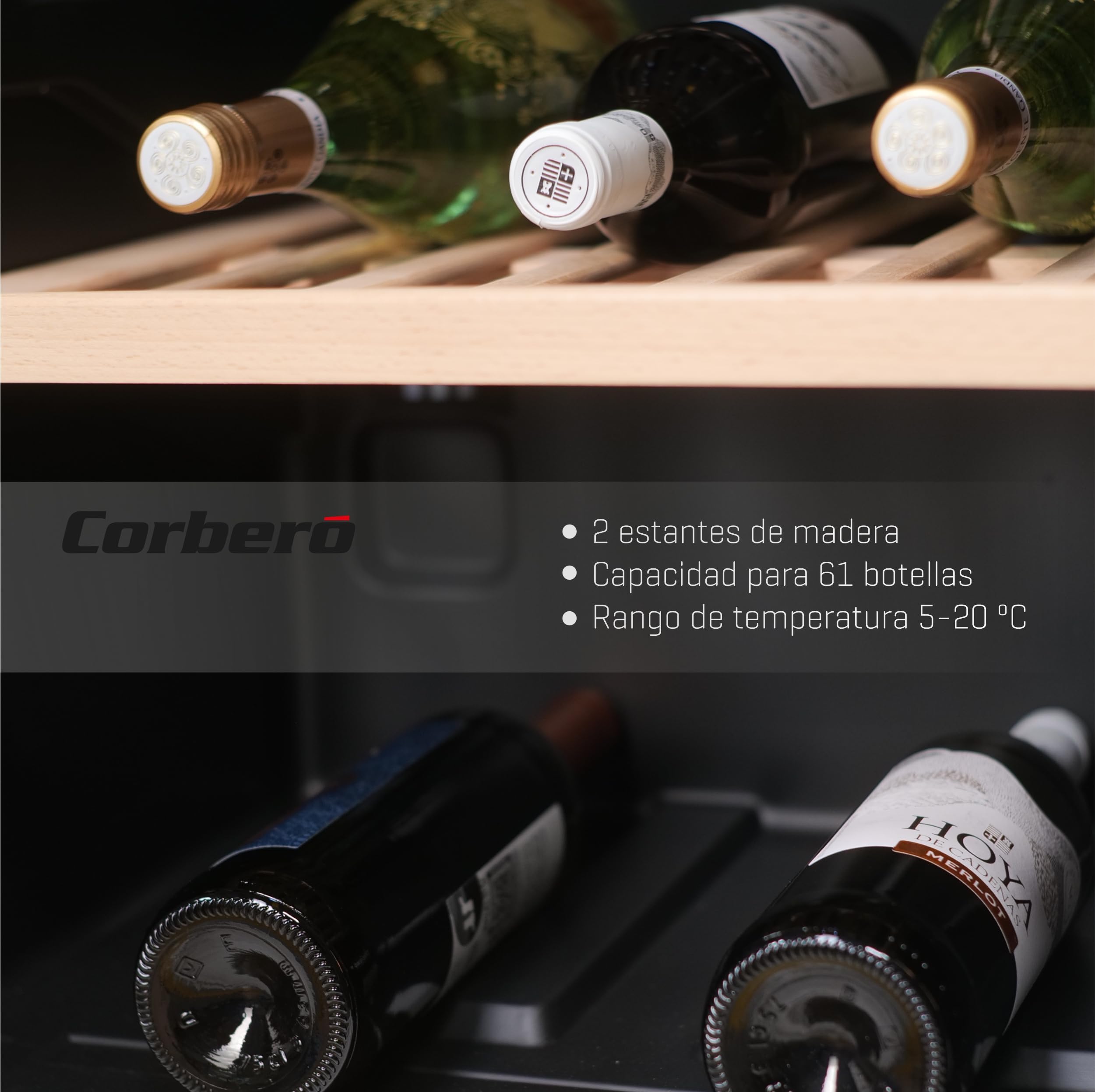 Corberó - Vinoteca CFKWC61SW | 126L | 61 Botellas | Puerta Cristal | Display LED | 2 Estantes Madera | Rango Temperatura 5-20ºC | Nevera para vinos | Negro
