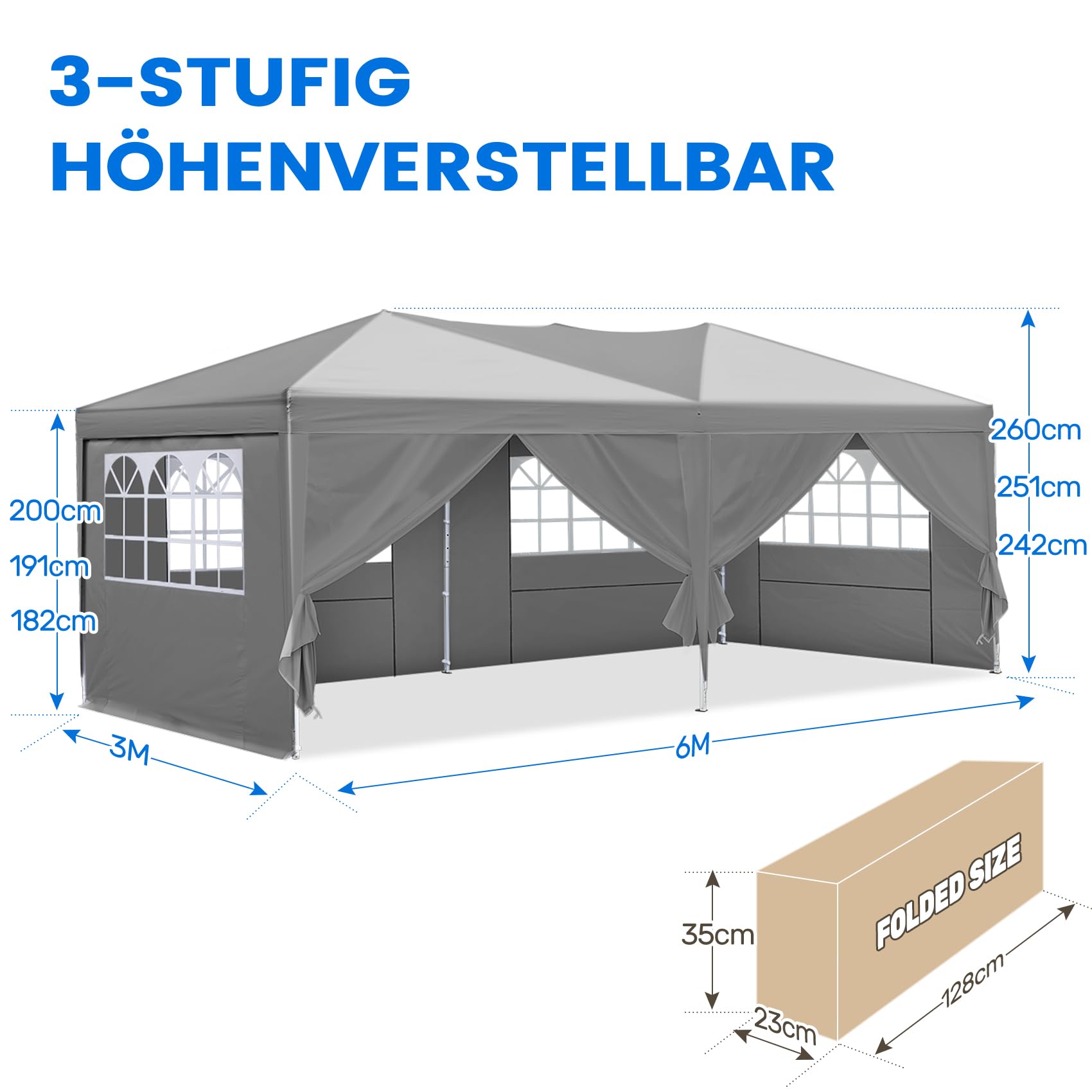 Quictent Faltpavillon 3x6m wasserdicht | Partyzelt, Pop-Up Pavillon, Gartenpavillon, stabil, mit Seitenwänden, UV-Schutz 50+, Tragetasche inkl, Stahlrahmen