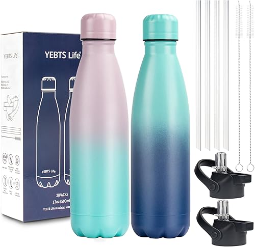 Miniatura 40 de Botella de agua aislada, paquete de 2 botellas de agua de acero inoxidable de 12 onzas con tapa con pajilla, botellas de agua deportivas de metal