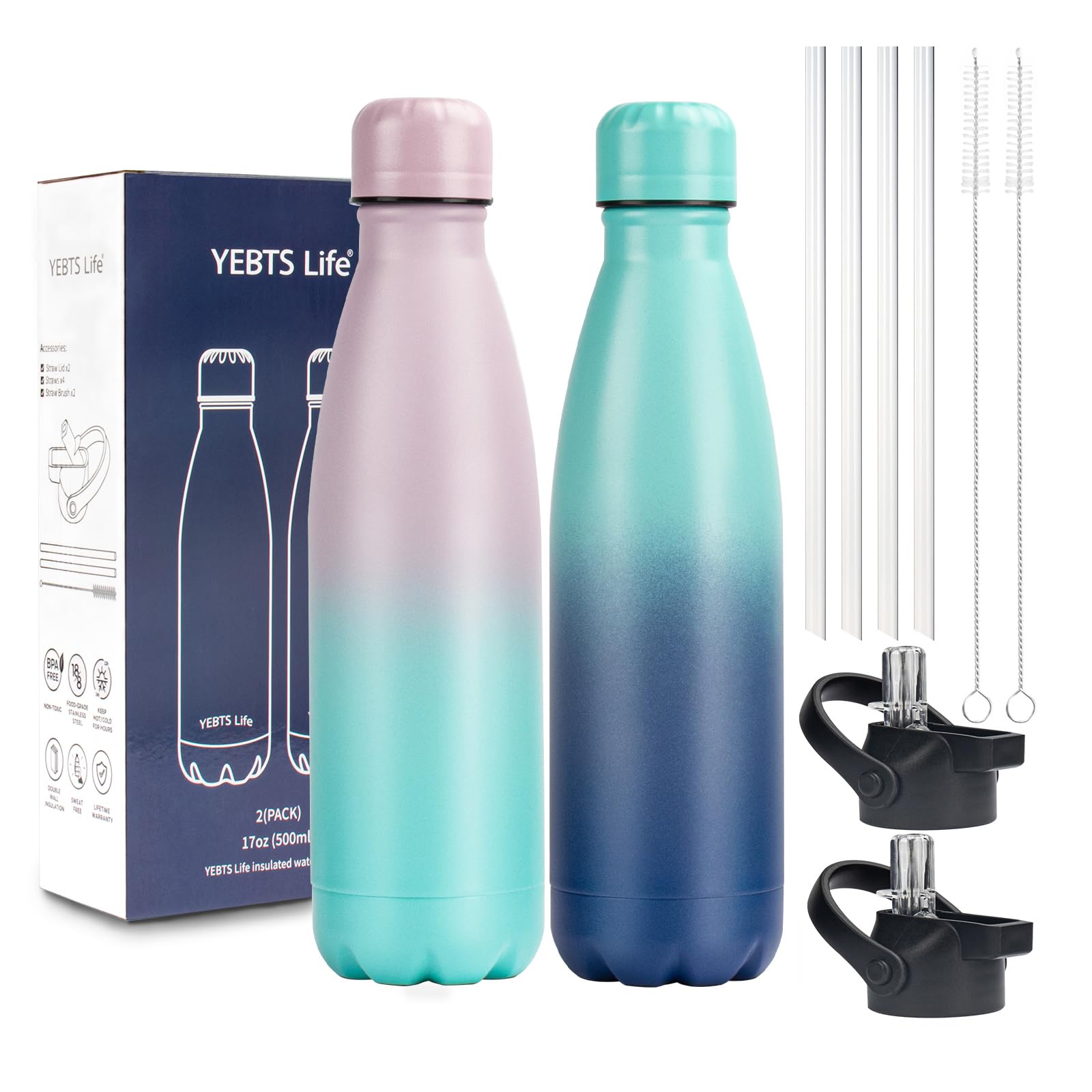 Insulated Water Bottle, 2 Pack-17oz Stainless Steel Water Bottles with straw lid, Metal Sports Water Bottles for Boys,Girls, Double Wall Vacuum