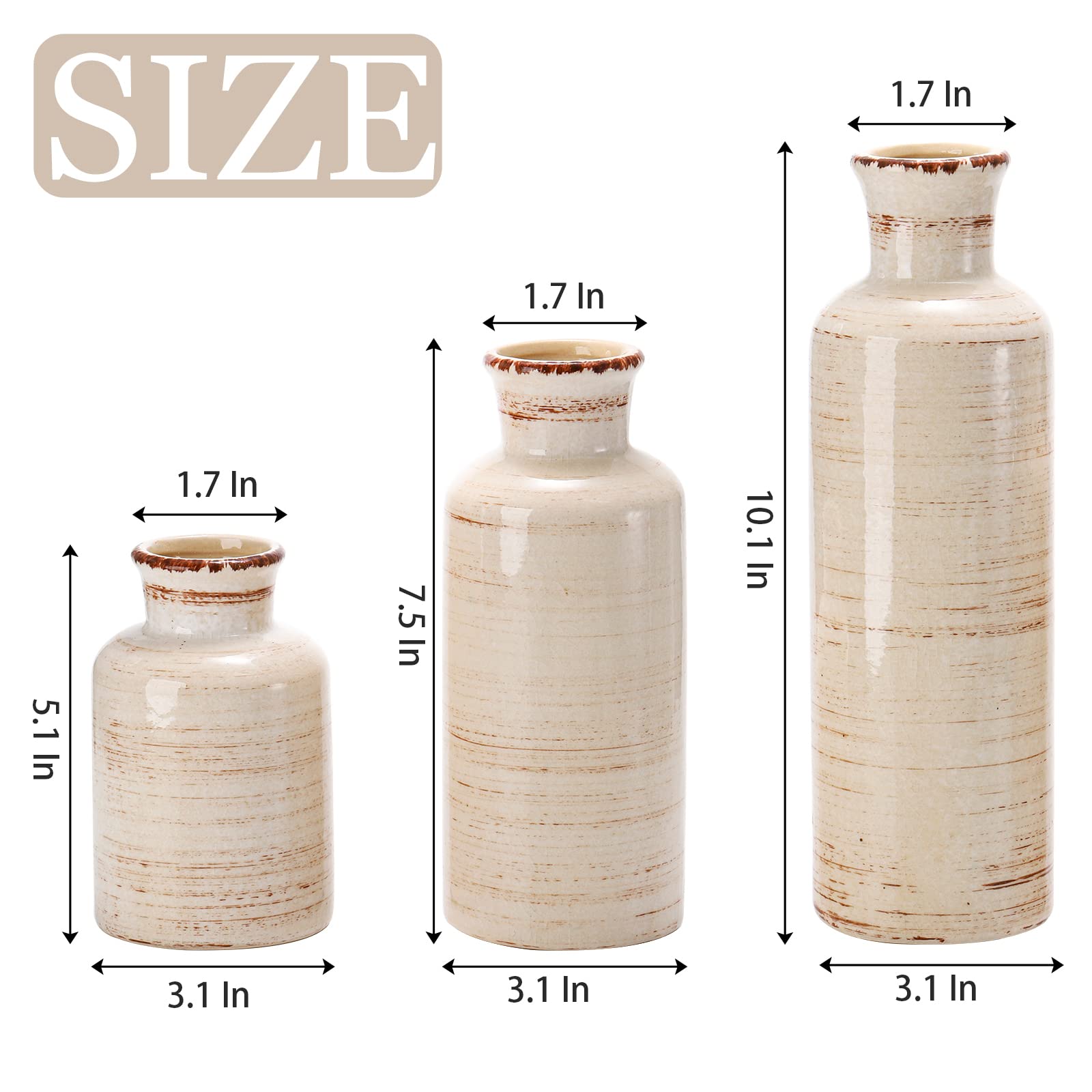 Nicunom Ceramic Vase Set of 3, Rustic Ceramic Flower Vase for Home Decor, Modern Farmhouse Decorative vase, Boho Vases for Room, Centerpiece,Table, Shelf, Mantel and Entryway Decor