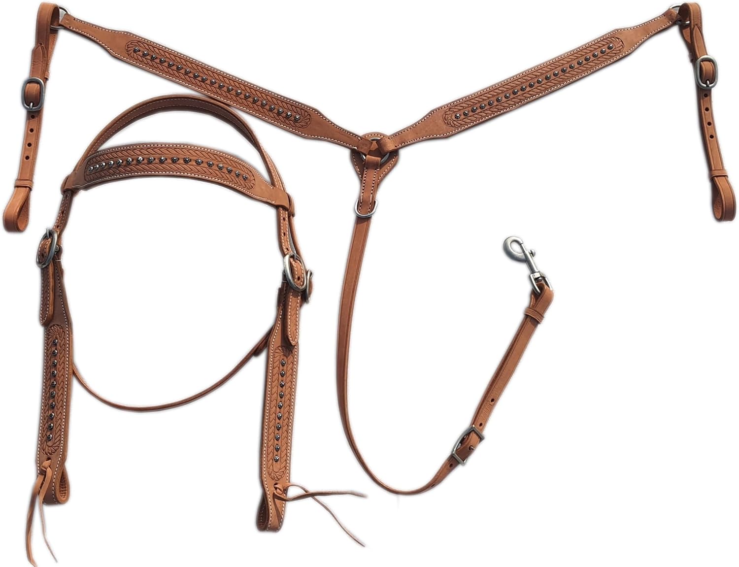 Leather Browband Headstall & Breastcollar Set Handcrafted Horse Riding Combo Stainless Steel Buckle Luxurious Horse Headstalls (Brown)