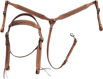 Leather Browband Headstall & Breastcollar Set Handcrafted Horse Riding Combo Stainless Steel Buckle Luxurious Horse Headstalls Brown