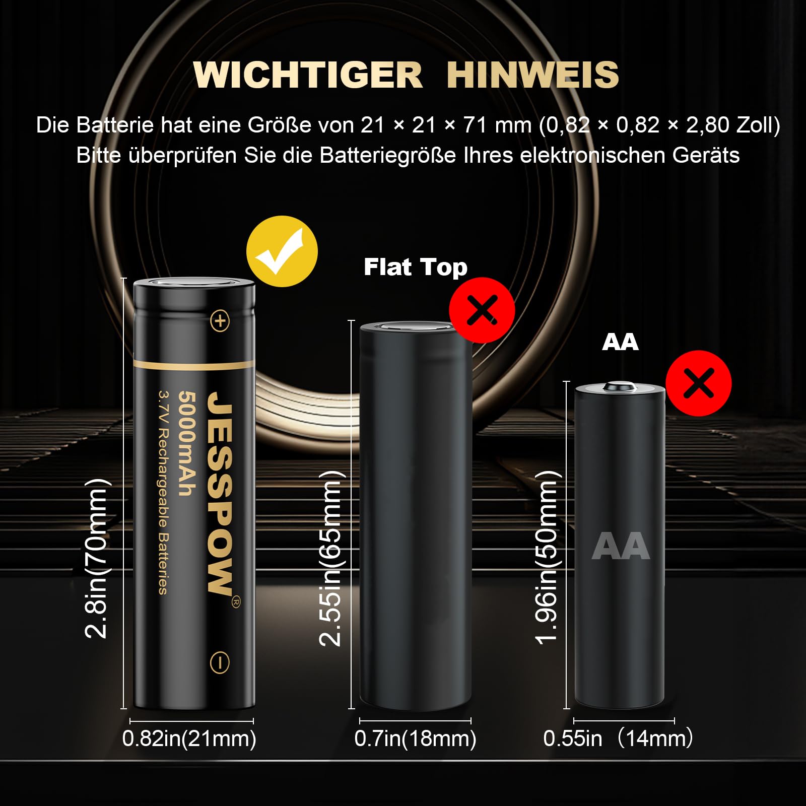 3.7 Volt Piles Rechargeables，5000 mAh 3.7V Batterie à Dessus Plat Haute Capacité pour Lampes de Poche, Lampe Fronta (Lot de 2)