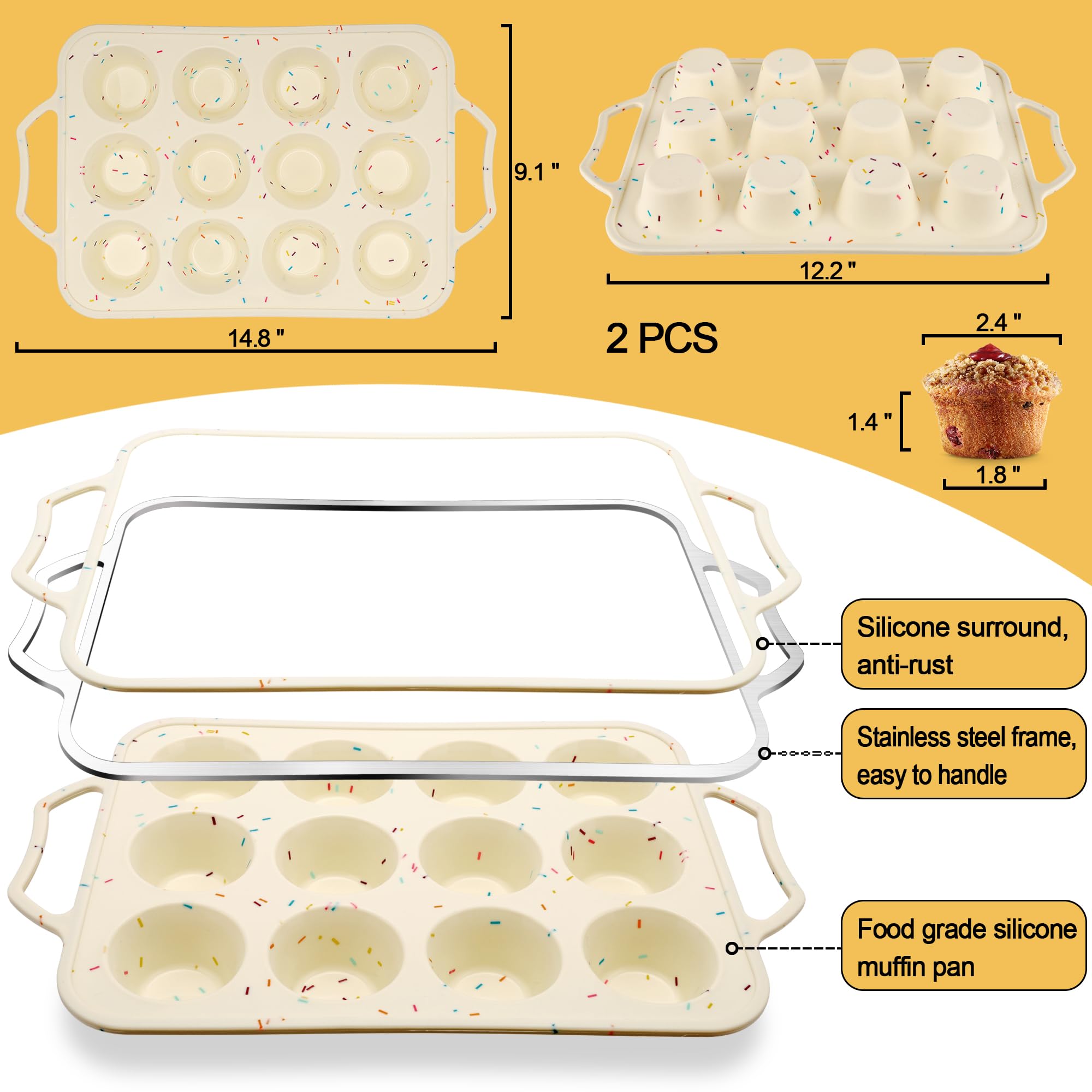 Paquete de 2 moldes de silicona para hornear magdalenas con marco reforzado de metal, moldes antiadherentes para magdalenas, 12 tazas de tamaño regular, lata para magdalenas sin BPA para huevos y