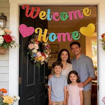 Welcome Home Banner, Colourful Glitter Welcome Home Decorations Hanging Bunting Flag for WelcomeBack Homecoming Housewarming Party Baby Shower Family Reunion Supplies
