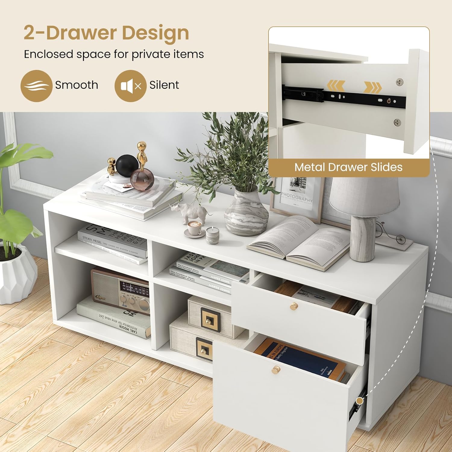 LOKO Modern TV Stand, Entryway Storage Cabinet with 2 Drawers, 4 Cubes & Adjustable Feet, Floor Display Cabinet, Console Cabinet for Home Office, White