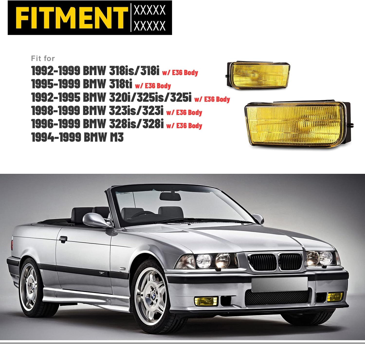 Fog Lights Assembly Compatible with BMW E36 / M3 3 Series 1992 1993 1994 1995 1996 1997 1998 1999 Fog Lamps Replacement with H1 12V 55W Bulbs-1 Pair (Yellow Glass Lens)