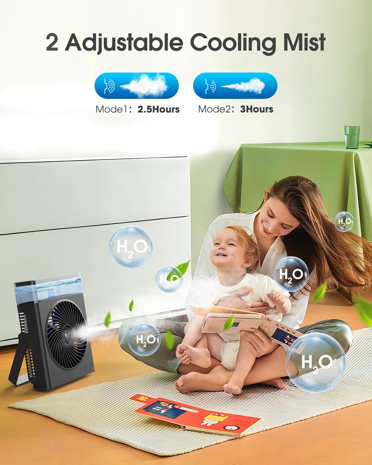 Ventilateur Brumisation, 8000mAh Ventilateur Brumisation Portable Rechargeable avec Réservoir d'eau de 600mL,Ventilateur USB Alimenté par Batterie,pour le Camping,Maison et le Bureau