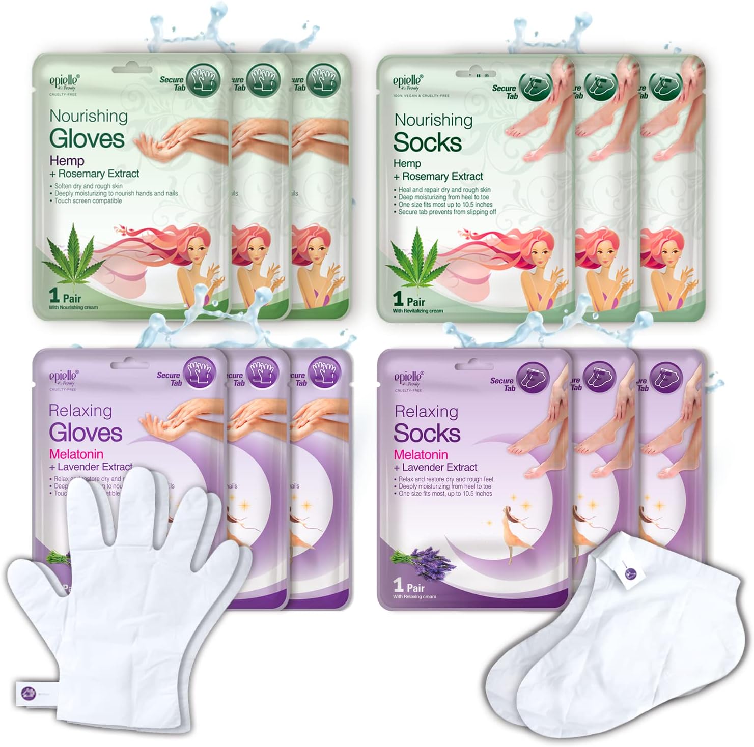 Epielle Relaxing & Nourishing Hand & Foot Masks 12 Pairs, Repair and Relax Dry Hands & Cracked Heels with Lavender Extract & Hemp, Korean Skin Care, Spa Self Care Gifts for Women, 6 Gloves & 6 Socks