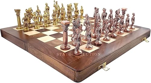 Miniatura 4 de Juego de ajedrez con piezas esculpidas de latón en estilo romano antiguo con tablero plegable de madera de 16 pulgadas, paquete de 1, multicolor