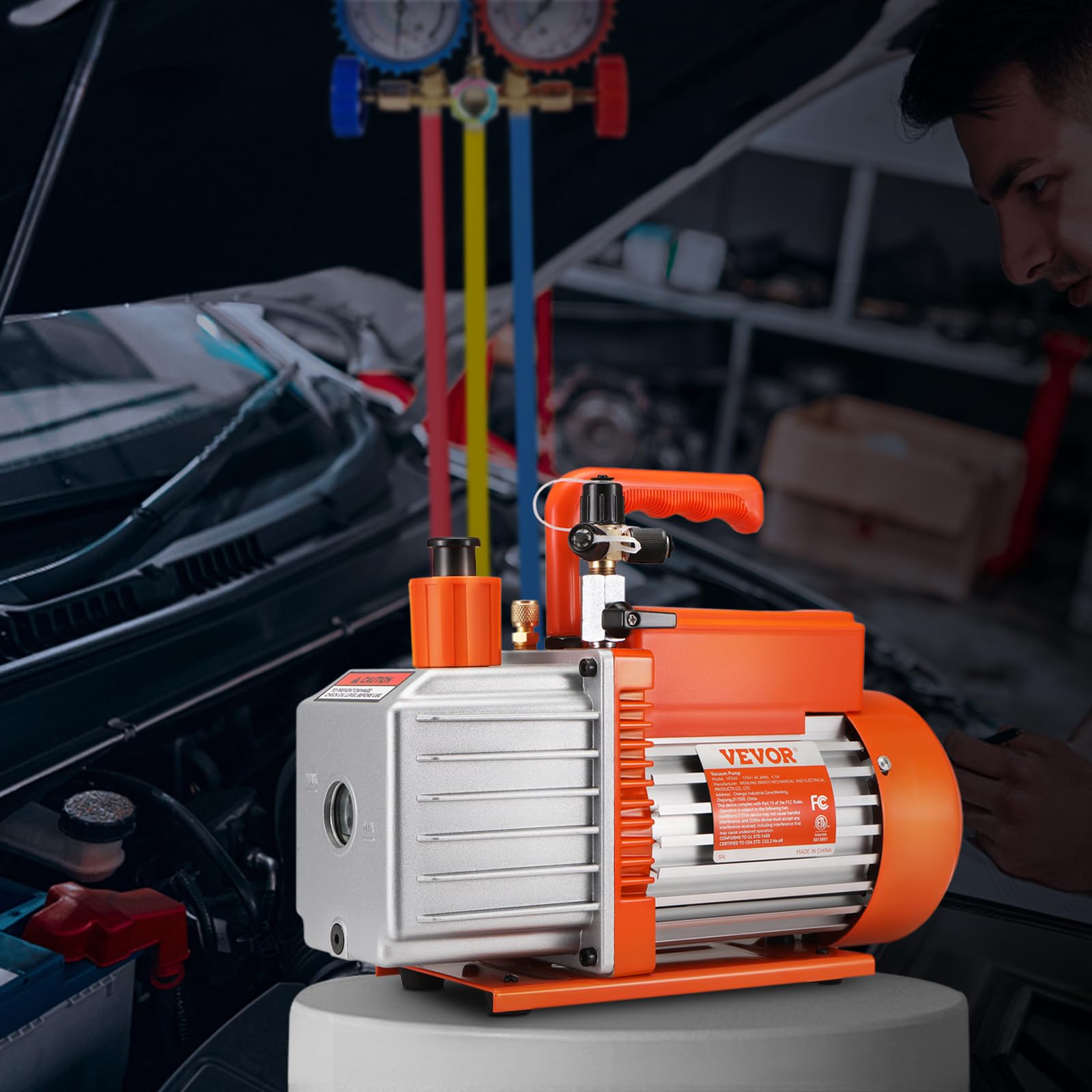 VEVOR 2-stufige Drehschieber-Vakuumpumpe, 1/2 HP, 5 CFM, entwickelt für HVAC-Service, Kältekonservierung & Harzentgasung, mit 1/4 Zoll SAE-, 3/8 Zoll SAE- & 1/2 Zoll ACME-Messereinlässen