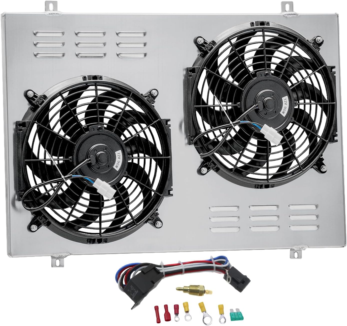 Aluminum Radiator Shroud Fan For 1985-1996 Ford F150 F250 F350 Bronco 4.9L Automotive Replacement Shroud Fan Relay Kit 1986 1987 1988 1989 1990 1991 1992 1993 1994 1995