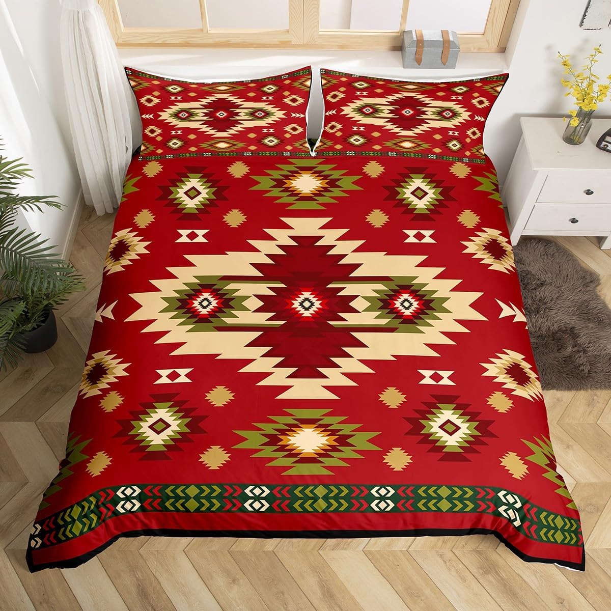 Feelyou Southwestern Geometric Bedding Set Southwest Native Comforter Cover Set Twin Size Western Decor Duvet Cover Bedroom Decor Modern Bedspread Cover Red Green Bedding Collection 2Pcs，No Comforter