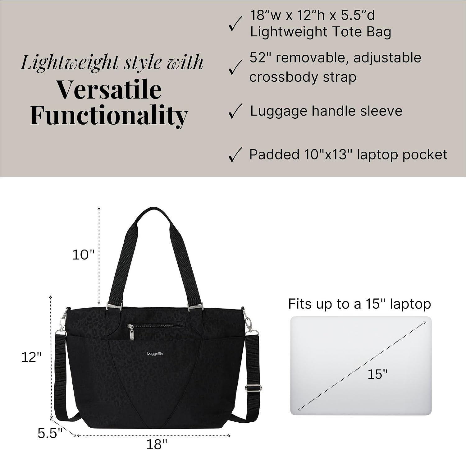 Baggallini Avenue Tote - 12x18 Laptop Tote Bag for Women - Lightweight Work Travel Carry On Bag