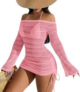 ALIREVERIE Summer Womens Sexy Boho Off Shoulder Bathing Suit Coverups Hollow Out Long Bell Sleeve Ruched Drawstring Swimsuit