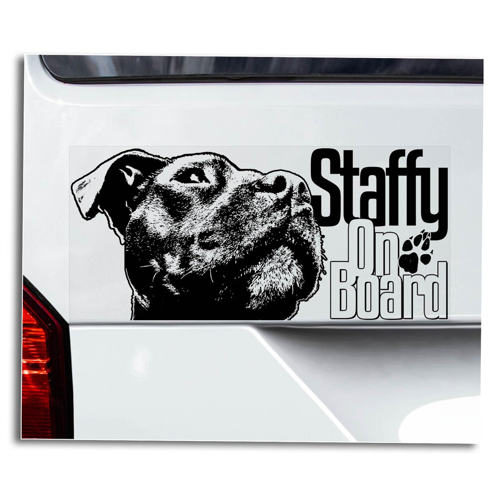 Staffy on Board Car Window Sticker, Vinyl Decal Sign, Pet Staffie Owner Gift, Beware of the Dog Warning Sign -V05WB (External - Black Print)