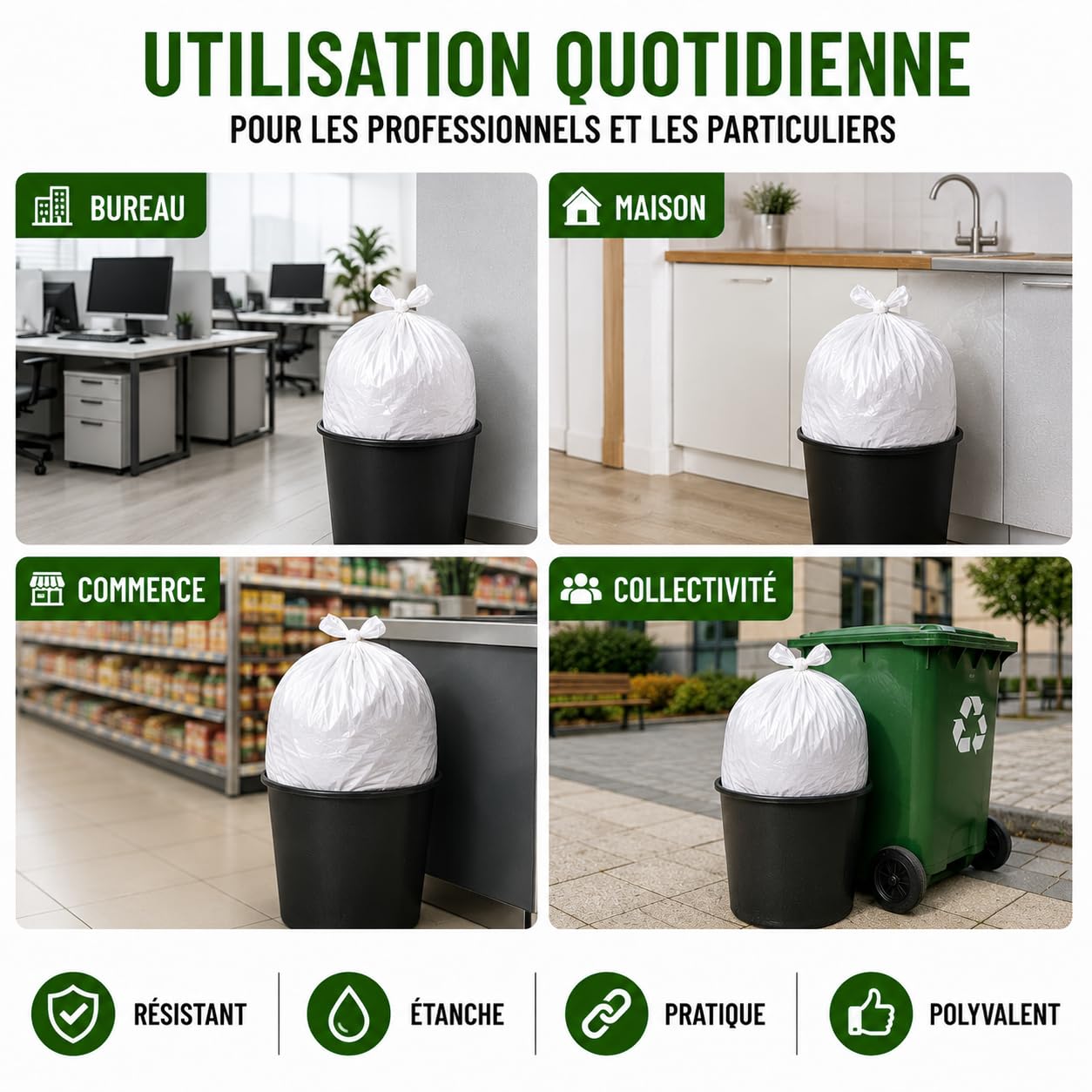 Bolsa de basura blanca 100 l | 50 bolsas de basura de 100 litros (2 rollos de 25 bolsas) | Muy resistente (30 µ) e impermeable | Residuos no alimentarios | Cierre de enlace para atar | Clasificación